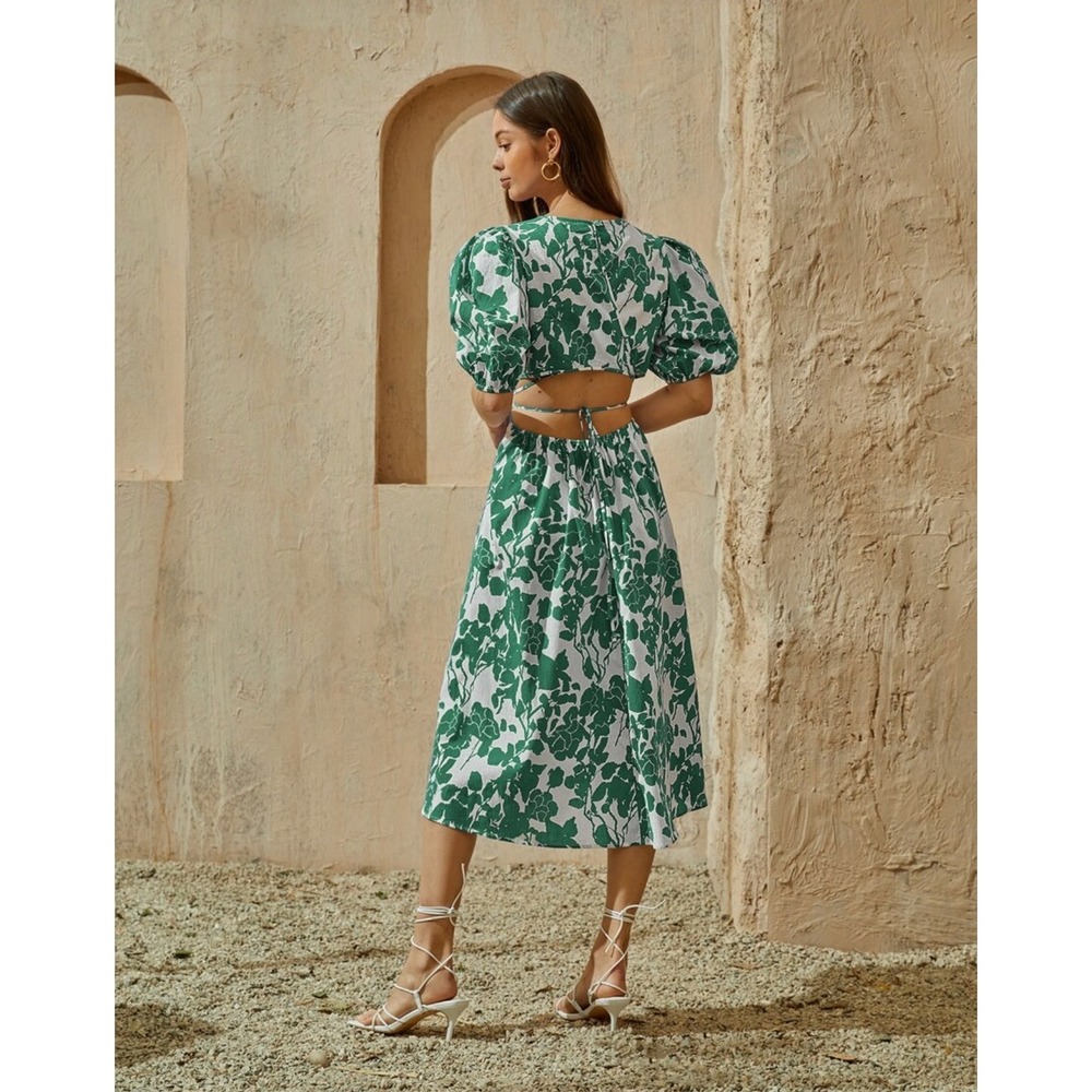 Green White Floral Garden Midi Wrap Dress Puff Sleeves Shea McGee Inspired SZ XL - Picture 4 of 16